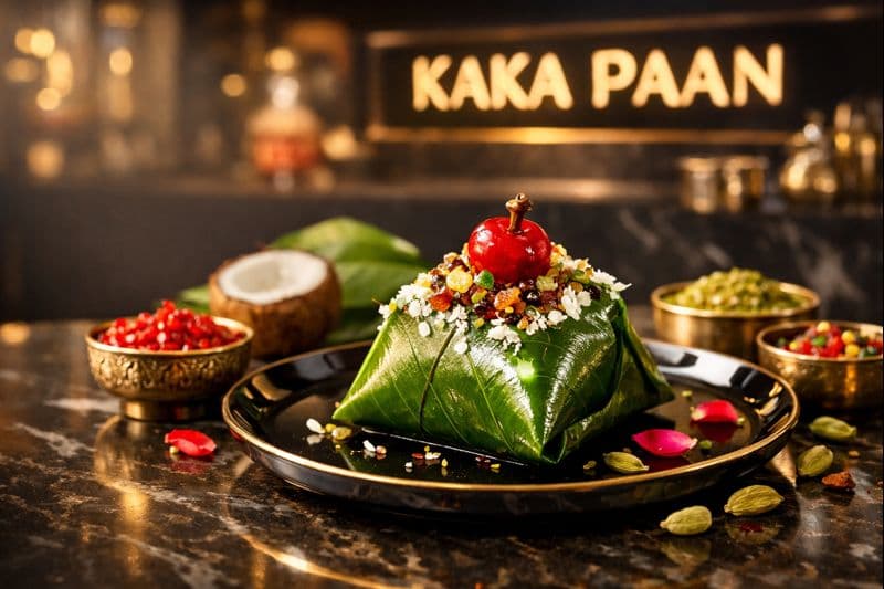 Kaka Meetha Paan topped with cherry and dry fruits